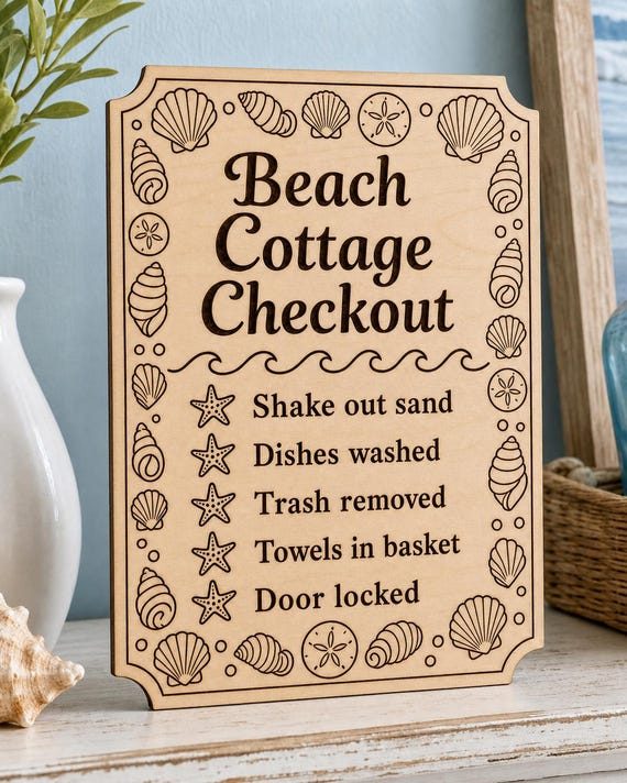 ShoreStay Beach Checkout Sign, Personalized Cottage Guest Checklist, Engraved Wood Vacation Rental Decor