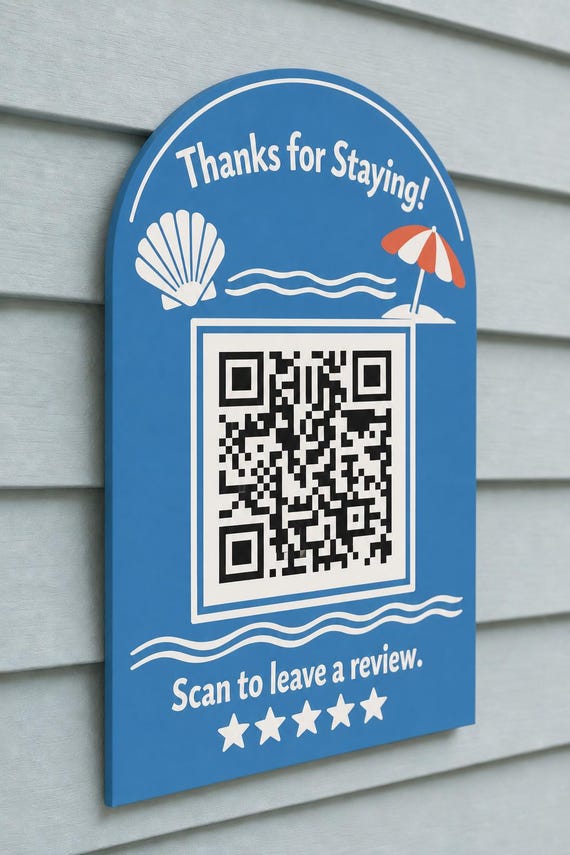 ShoreShell multicolor coastal review sign mounted on a pale blue wall from a close side angle with a finished sample QR code.