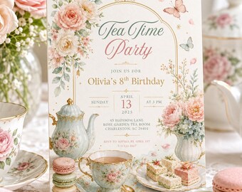Tea Time Birthday Invitation Template: Floral Garden Party Invite (Digital Download)