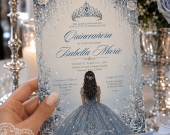 Faire-part de quinceañera modifiable, motif or roses rouges (modèle numérique)
