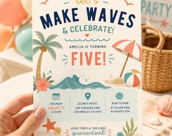 Retro Summer Beach Surf Birthday Invitation, Kids Pool Party Invite (Digital Download)