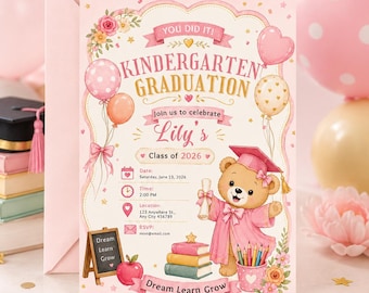 Kindergarten Graduation Invitation Template: Editable Bear Design (Digital Download)