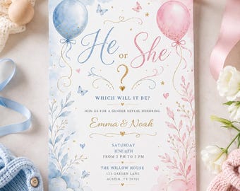 Gender Reveal Invitation Template: He or She Party Invite (Digital Download)