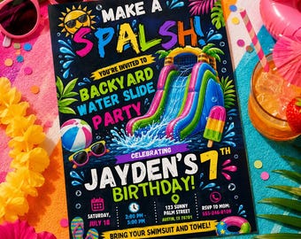 Backyard Water Slide Birthday Invitation, Editable Canva Party Template