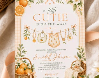 A Little Cutie – Baby Shower Invitation, Orange Floral Theme, Gender Neutral (Editable Template)