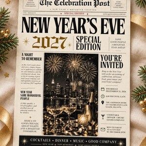 May include: A vintage-style newspaper invitation titled The Celebration Post for a New Year's Eve 2027 special edition. The page features black text on a cream background, a central photograph of fireworks over a city skyline, and event details.