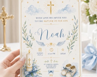 Editable Baptism Invitation Template, Blue Gold Cross Watercolor Theme (Digital Download)