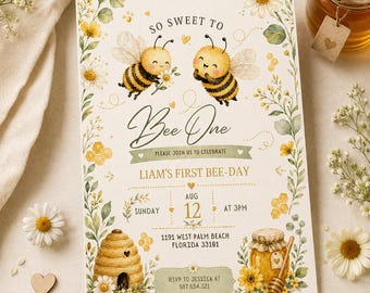 Sweet Bee First Birthday Invitation Template, Editable Bee-Day Party Invite (Digital Download)