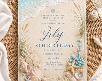 Beach Birthday Invitation Template: Editable Canva Digital Invite (8th Birthday)