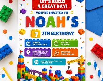 Editable Canva Building Block Birthday Invitation, 7th Party Invite (Digital Download)