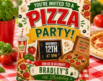 Editable Pizza Party Invitation Template: Bradley's 9th Birthday (Digital Download)