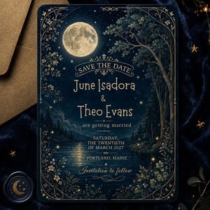 May include: A rectangular save the date card featuring a dark blue night scene with a full moon, trees, and a lake. The text reads: SAVE THE DATE, June Isadora & Theo Evans are getting married, SATURDAY, THE TWENTIETH OF MARCH 2027, PORTLAND, MAINE, Invitation to follow.