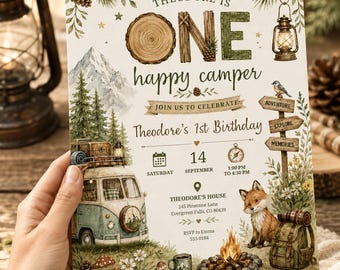 Happy Camper 1st Birthday Invitation: Editable Canva Template (Digital Download)