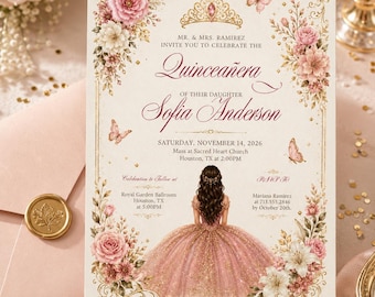 Editable Quinceañera Invitation, Red Roses Gold, Canva Template (Digital Download)