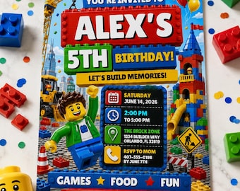 Invitation 5e anniversaire avec blocs de construction, invitation à une fête de maître constructeur (modèle de toile modifiable)