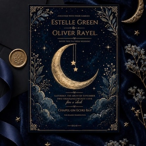 May include: A rectangular wedding invitation card featuring a dark navy blue background with gold foil accents. The design includes a large crescent moon, hanging stars, and botanical illustrations. Text reads: Estelle Green and Oliver Rayel, invite you to their wedding, Saturday, the sixth of September, two thousand twenty-five, five o'clock, Chapel on Echo Bay, Fox Island, Washington.