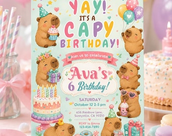 Capybara Birthday Invitation Template: Editable Canva Party Invite (Digital Download)