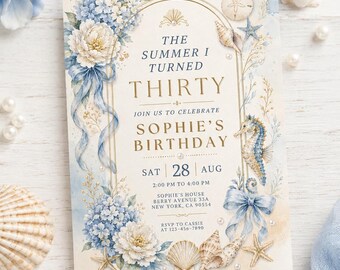 Editable Beach Birthday Invitation Template: Thirty, Summer Seashells (Digital Download)