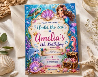 Under the Sea Amelia Birthday Invitation, Mermaid Ocean Theme Invite (Digital)
