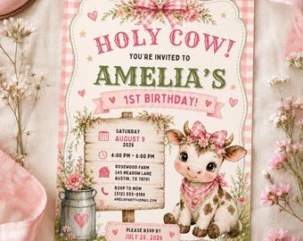 Holy Cow 1st Birthday Invitation: Editable Canva Template (Digital Download)