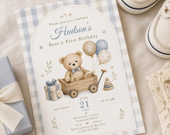 Editable Teddy Bear First Birthday Invitation (Digital Download)