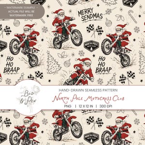 Op de afbeelding: Een naadloos patroon met de Kerstman op een crossmotor met het nummer 25. Het ontwerp bevat de tekst MERRY SENDMAS en HO HO BRAAP, samen met geblokte vlaggen, kerstbomen, kerstballen en logo's van de North Pole Moto Club.