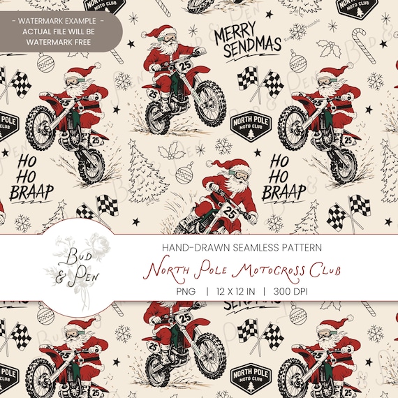 Christmas Motocross Seamless Pattern PNG, Santa Dirt Bike Digital Paper, North Pole Moto Fabric Print, Holiday Sublimation Design