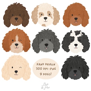 Op de afbeelding: Een verzameling van negen handgetekende hondenillustraties met verschillende krulharige rassen in tinten bruin, zwart, wit en crème. De afbeelding bevat de tekst: HAND DRAWN 300 DPI PNG 9 DOGS! en de merknaam Bud & Pen.