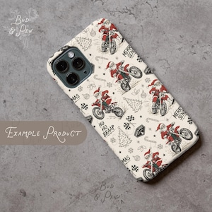 May include: A cream-colored phone case featuring a repeating pattern of Santa Claus riding a dirt bike. The design includes illustrations of Christmas trees, candy canes, checkered flags, and text that reads Merry Send, Ho Ho Braap, and North Pole.
