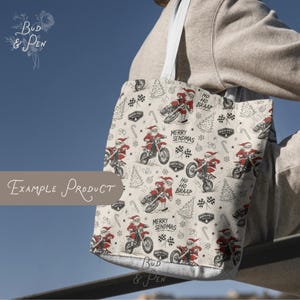 May include: A cream-colored tote bag featuring a repeating pattern of Santa Claus riding a dirt bike, checkered flags, candy canes, and Christmas trees. The text "MERRY SENDMAS" and "HO HO BRAAP" is printed in black alongside "NORTH POLE" emblems.