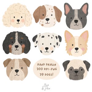 Puede incluir: Una colección de ocho ilustraciones de cabezas de perro dibujadas a mano que muestran varias razas con marcas y colores distintos, acompañadas de un gráfico ovalado con el texto: HAND DRAWN 300 DPI PNG 39 DOGS! y la marca BUD & PEN al pie.