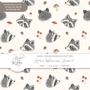 May include: A seamless digital pattern featuring hand-drawn illustrations of raccoon faces, red-capped mushrooms, and brown acorns on a light cream background. The text "Bud & Pen" and "Little Woodland Bandit" is visible.