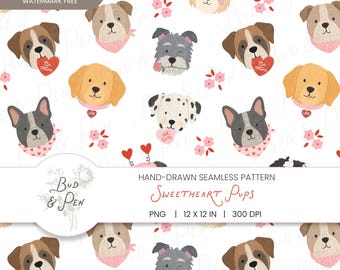 May include: A seamless pattern featuring various dog breeds on a white background, including golden retrievers, dalmatians, and bulldogs. Some dogs wear bandanas or heart-shaped glasses, while others hold red hearts with text like Be Mine.