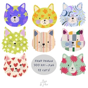 Può includere: Una collezione di otto volti di gatto illustrati con vari motivi tra cui stelle, fiori, lune, pois, strisce, quadrati, cuori e motivi floreali, insieme a un ovale grigio contenente il testo HAND DRAWN 300 DPI PNG 12 CATS!