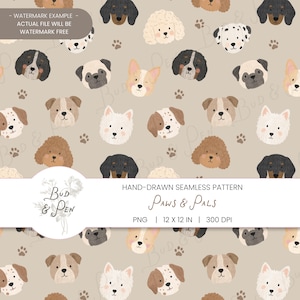 May include: A seamless digital pattern on a beige background featuring various illustrated dog breeds and small paw prints. The repeating design includes poodles, pugs, and terriers in shades of brown, black, white, and cream with soft pink accents.