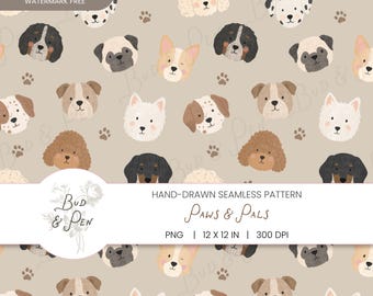 May include: A seamless digital pattern featuring hand-drawn illustrations of various dog breeds and paw prints on a light beige background. The repeating design includes poodles, pugs, and terriers. Text reads: HAND-DRAWN SEAMLESS PATTERN Paws & Pals.