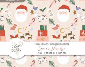 May include: A seamless digital pattern featuring Santa Claus faces, stacked gift boxes, reindeer, red and white striped stockings, candy canes, letters to Santa, mugs of cocoa, and holly on a light beige background with gold stars and moons.