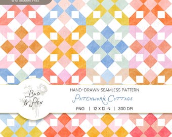 May include: A seamless digital pattern featuring a repeating patchwork quilt design in watercolor shades of blue, yellow, orange, and pink with white accents. The text reads: HAND-DRAWN SEAMLESS PATTERN PATCHWORK COTTAGE PNG | 12 X 12 IN | 300 DPI.