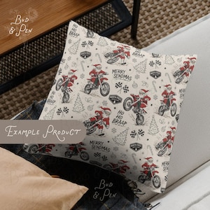 May include: A square throw pillow featuring an off-white background with a repeating pattern of Santa Claus riding a dirt bike. The design includes text reading Merry Sendmas, Ho Ho Braap, and North Pole Moto Club, alongside pine trees, checkered flags, and candy canes.