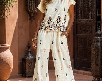 Boho Azteken Zweiteiler Set, Tribal Geometrische Hose mit weitem Bein Top, Urlaubsortkleidung