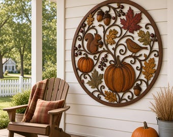 May include: A circular metal wall art piece featuring an intricate design of autumn elements including pumpkins, a squirrel, a bird, acorns, and maple leaves in shades of brown, orange, and green, mounted on a white horizontal paneled wall.