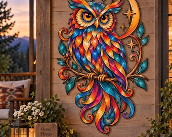 Può includere: Una decorazione da parete raffigurante un gufo dai colori vivaci appollaiato su un ramo. Il gufo ha piume arancioni, blu e gialle, con una luna crescente e stelle a quattro punte sullo sfondo. Il design include dettagli a foglia.
