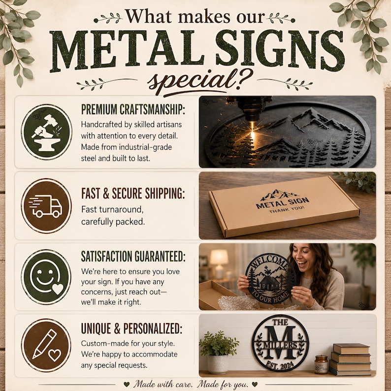 Pu&ograve; includere: Un'infografica intitolata What makes our METAL SIGNS special? che presenta quattro sezioni: Premium Craftsmanship con un taglio laser di montagna, Fast & Secure Shipping, Satisfaction Guaranteed e Unique & Personalized.