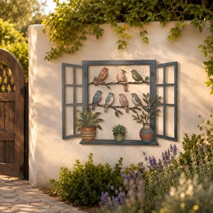 May include: A decorative wall art piece shaped like an open window frame with dark blue trim. It features six colorful birds perched on two branches and three potted plants on the sill, including a striped pot, a small green succulent, and a vase.