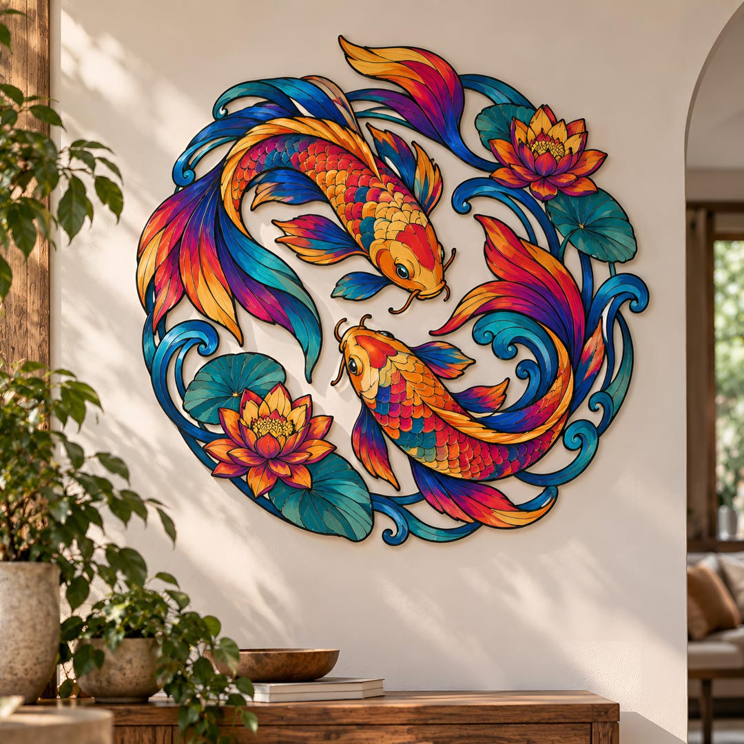 Colorful Koi Fish Metal Wall Art, Lotus Flower Metal Sign, Japanese