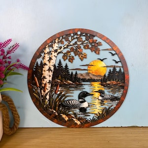 Loon Metal Wall Art, Lake Sunset Nature Decor, Rustic Cabin Wall Sign, Loon Couple Lake House Decor, Wildlife Gift for Bird Lovers