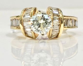 Vintage 14K Gold Handmade Engagement Ring, Diamond Engagement Ring, Antique Brilliant Cut Diamond Engagement ring with Baguette Diamonds