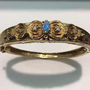 Antique Jewelry, Antique Bangle, Opal, Vintage Jewelry, Vintage Opal & Diamond Bangle Bracelet in 14K Gold, Gold Turn of the Century Jewelry