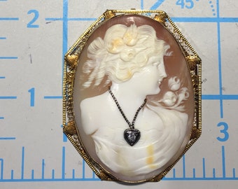Vintage Diamond and Hand Carved Cameo Brooch in 14K Gold, Cameo, Cameo Brooch