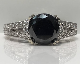 Anel artesanal em ouro 14K com diamantes negros e brancos, diamante negro, anel com diamante negro, diamante negro central genuíno.
